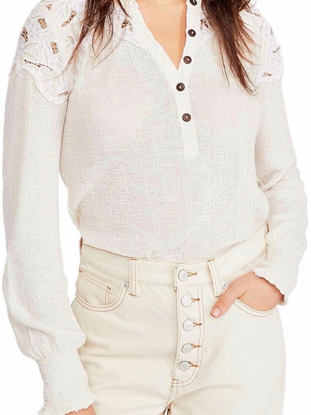 Free people easy breezy Cream Long-Sleeve Henley Top with Lace Shoulder Detail